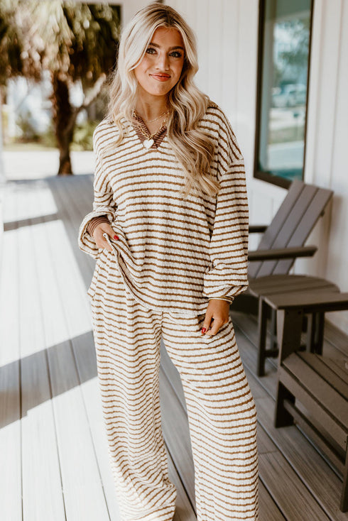 Striped Johnny Collar Pullover Drawstring Wide Leg Pant Set